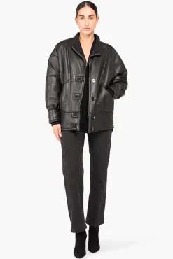 JANICE Leer^Lammy Coat Dames Seth Zwart