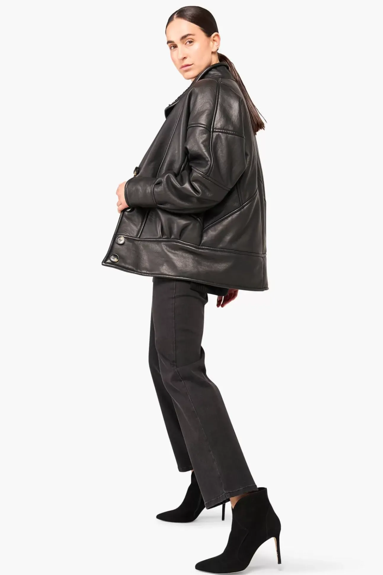 JANICE Leer^Lammy Coat Dames Seth Zwart