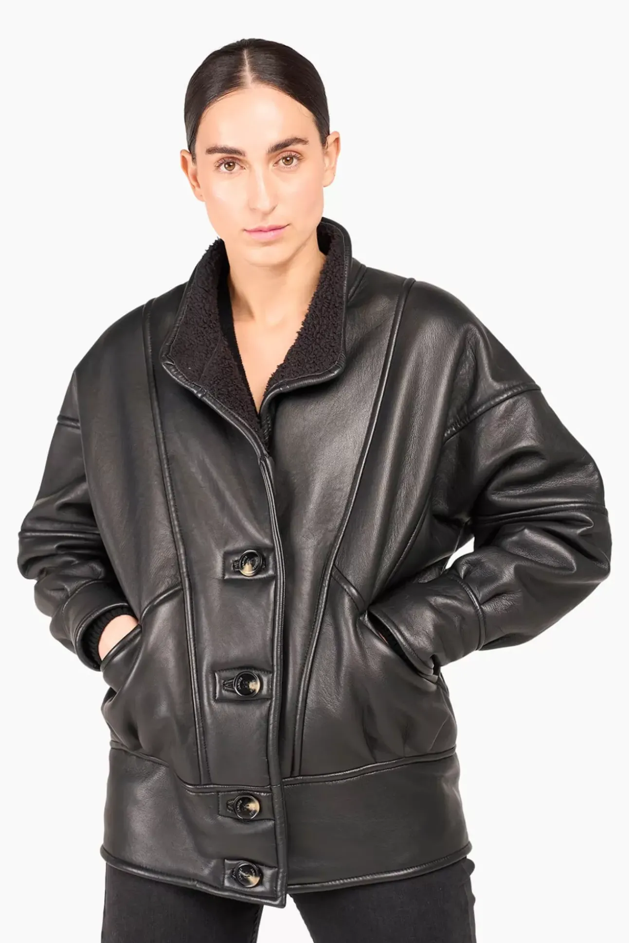 JANICE Leer^Lammy Coat Dames Seth Zwart